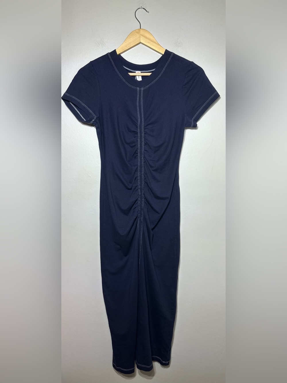Anthropologie NWT Navy Ruched Seam cotton Bodycon Tee Dress XXS - Picture 3 of 9